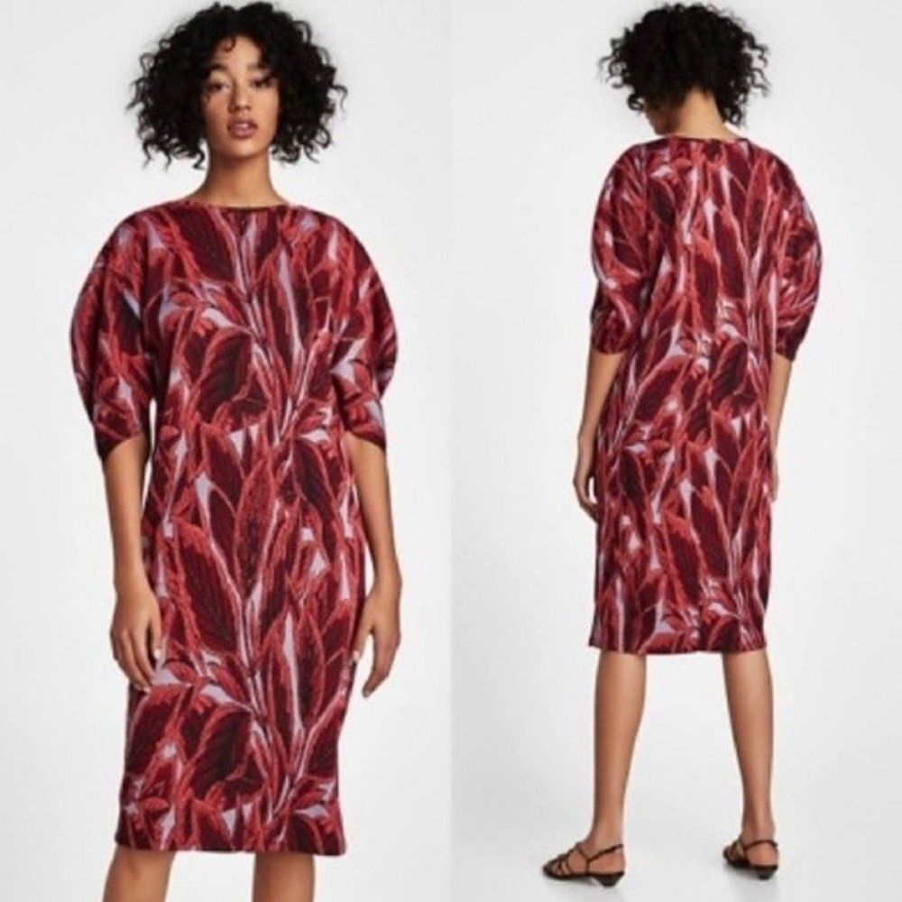Zara Red Palm Leaf Print Jacquard Knit Dolman Sleeve Midi Dress Size Small NWT
